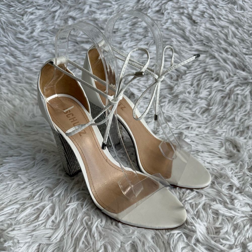 SCHUTZ Anahe White Leather and Vinyl Ankle Tie Rhinestone Heel Sandals Size 6.5